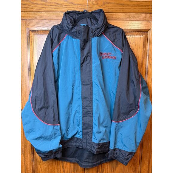Harley Davidson Blue Green Cruiser Riding Rain Jacket Hood n Collar Sz XL